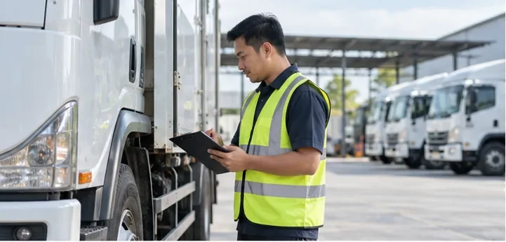 Fleet operator inspecting a commercial truck