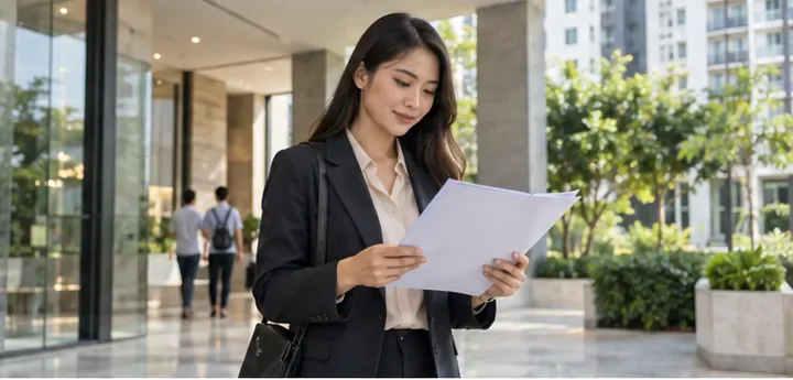 Property agent reviewing records at a condominium