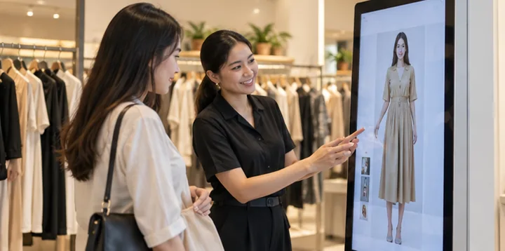 Customer viewing a virtual try-on in a clothing boutique